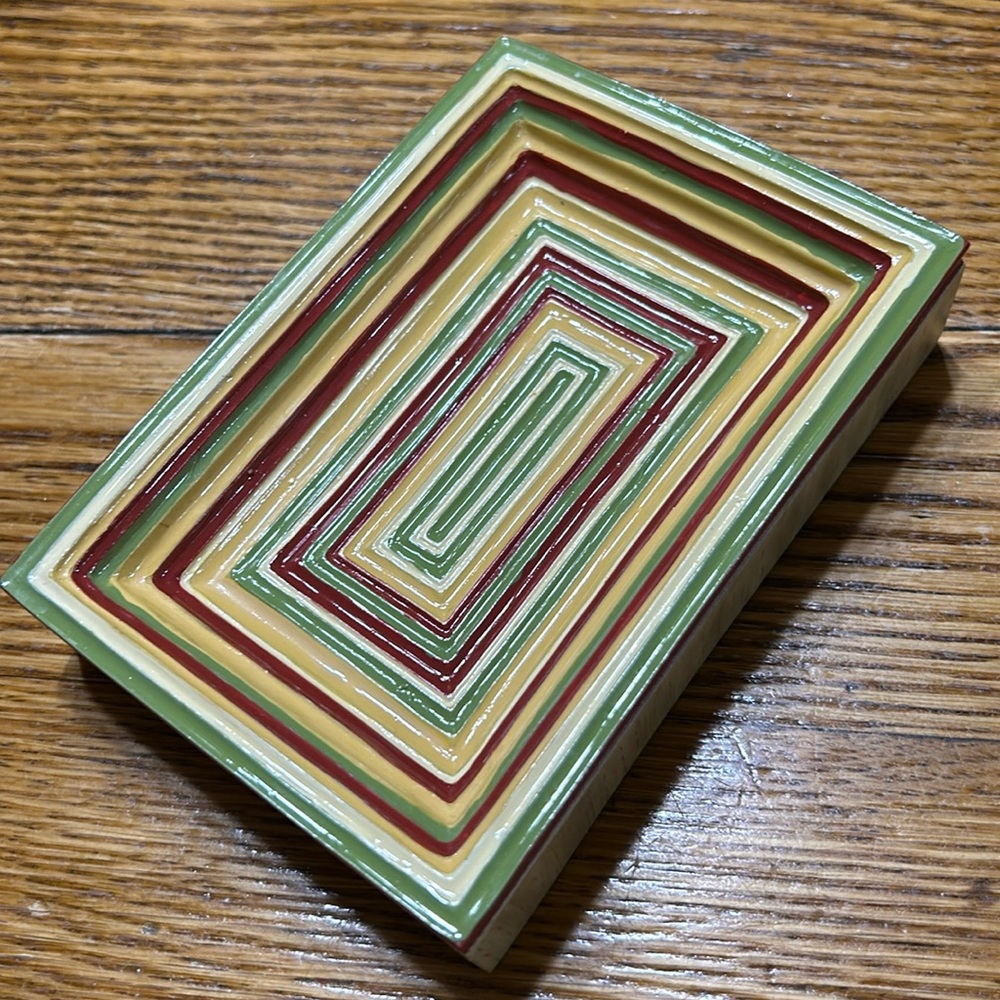 Vintage Gloria Vanderbilt Home soap dish in Geranium Stripe pattern.